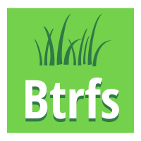 Green logotype with dark green grass and the text Btrfs.