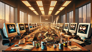 A humorous depiction of anthropomorphic computers in a chaotic boardroom meeting. The computers have varied screen faces and robotic arms, showing frustration and exhaustion from a long meeting. The table is cluttered with papers, coffee cups, and snacks, emphasizing the inefficiency and humor of the scene. Warm cinematic lighting and a modern office background with large windows complete the setting."