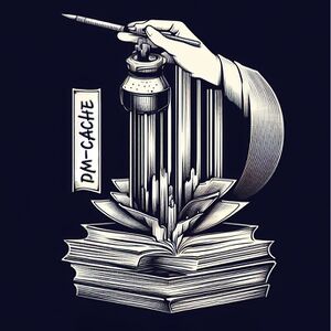 Logo. Illustration in black and white drawing of stacked books, ink and a brush