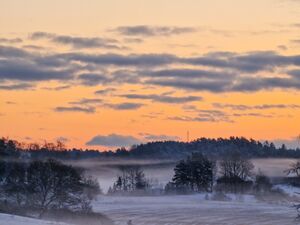 Yellow sunrise masked by layers of fog over frosty fields