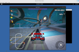 Screenshot of a remote desktop client, with the game SuperTuxKart running inside it.