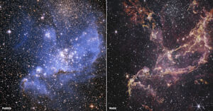 A side-by-side comparison of two telescope images of the NGC 346 star cluster. The left image, taken by the Hubble Space Telescope, shows a bright blue nebula with a dense cluster of stars scattered throughout. Wisps of gas and dust appear illuminated, giving the image a soft, glowing effect. The right image, captured by the James Webb Space Telescope in infrared light, reveals a darker scene with more intricate structures. The nebula is less visible, replaced by delicate, glowing filaments of gas in shades of red, orange, and purple. More stars are visible in the Webb image, as its infrared view penetrates the surrounding dust. Both images depict a dense star field set against the dark background of space.