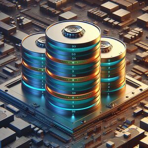 Rendered image of stacked hard drive platters looking like a tower in a cityscape